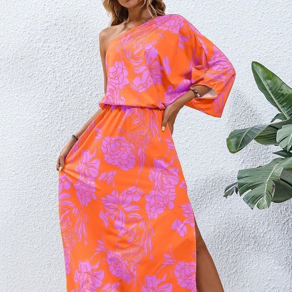 Multicolor Boho WomensFloral Print One Shoulder Batwing Sleeve Split Thigh Dress - Picture 5 of 5